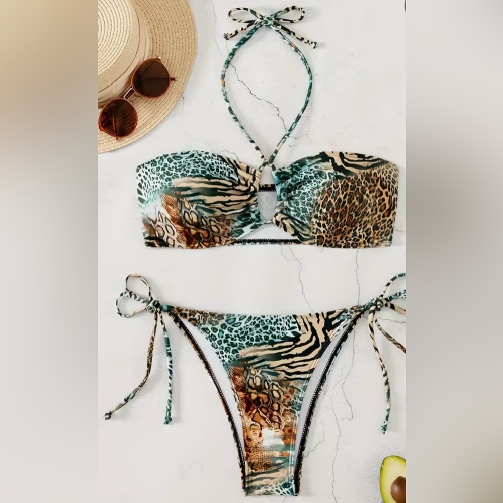 Leopard Zebra Print Bandeau Side Tie Bikini Set